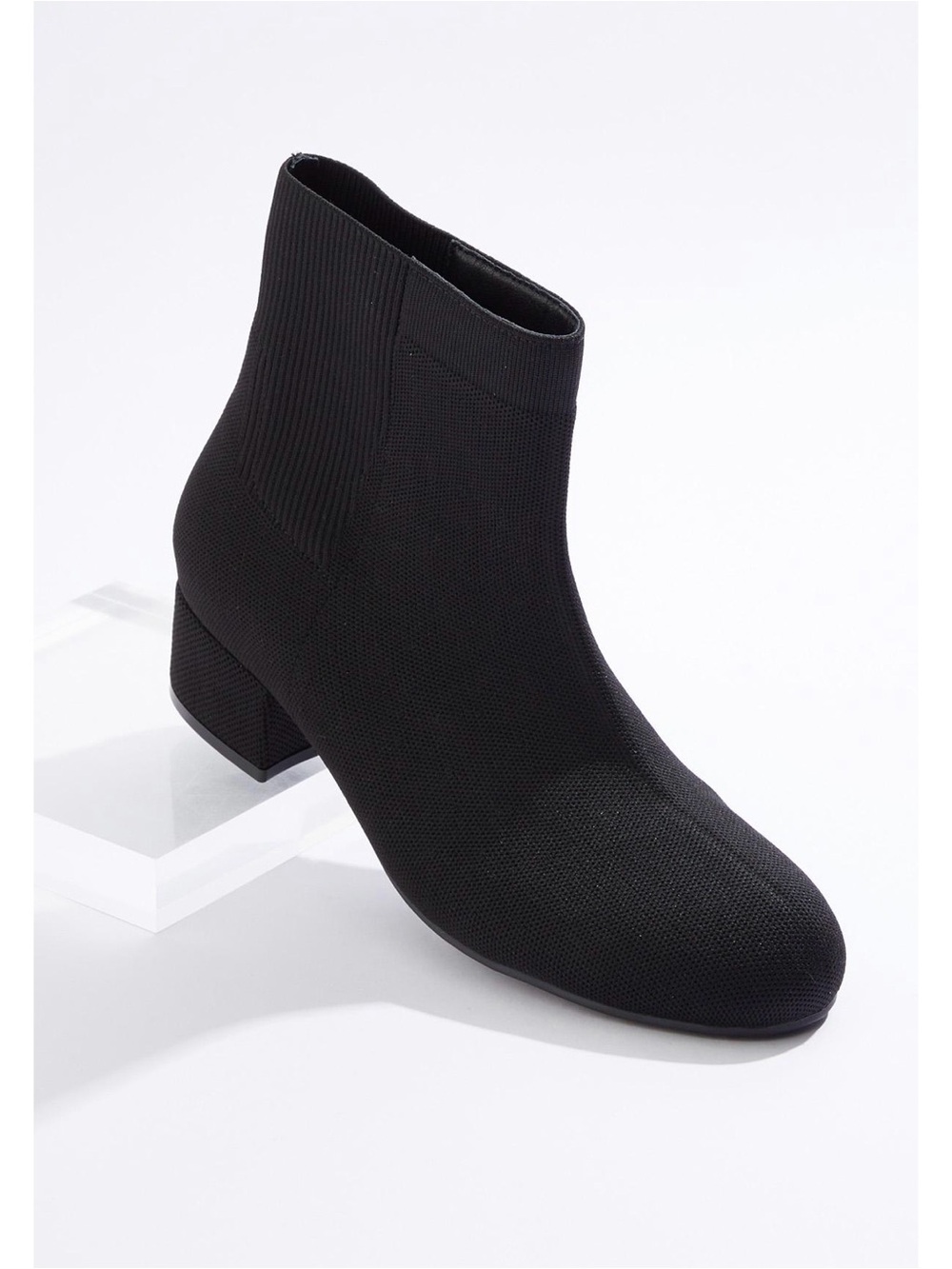 Women's Black Knit Block Heel Ankle Boot